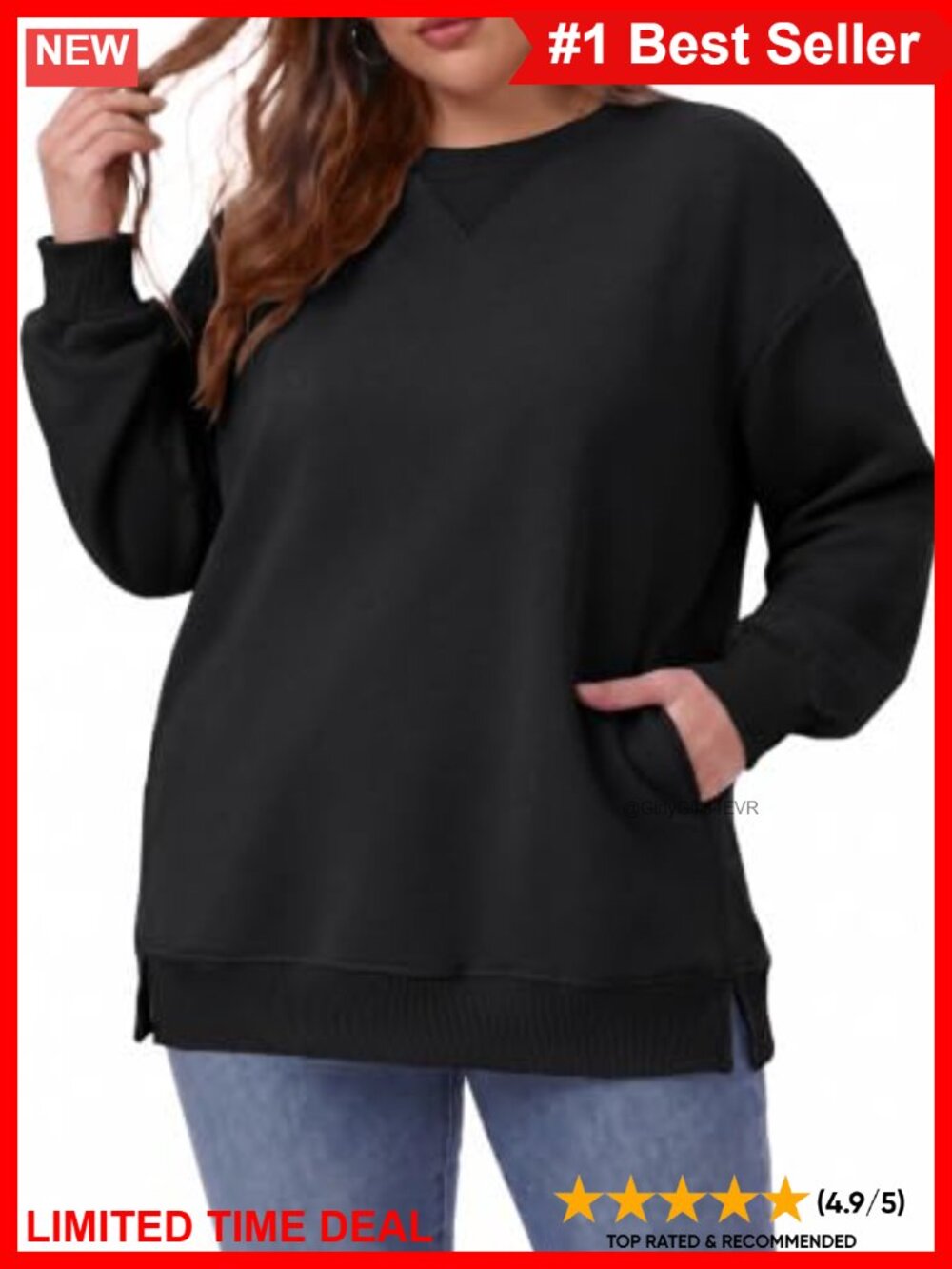 Plus Size Oversized Crew Neck Sweatshirt Tunic Side Slits Pockets